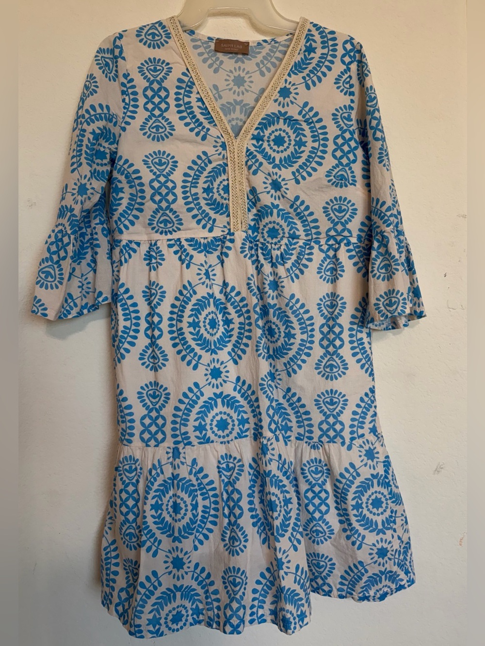 Saiph Lab Santori Mini Dress Blue and White Printed V-Neck Tunic Dress